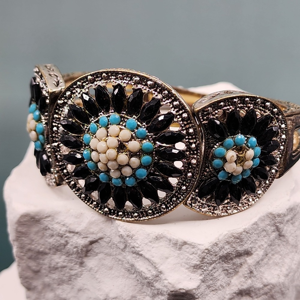 Turquoise Tone Black Floral Statement Bracelet Silver Tone Southwestern Boho